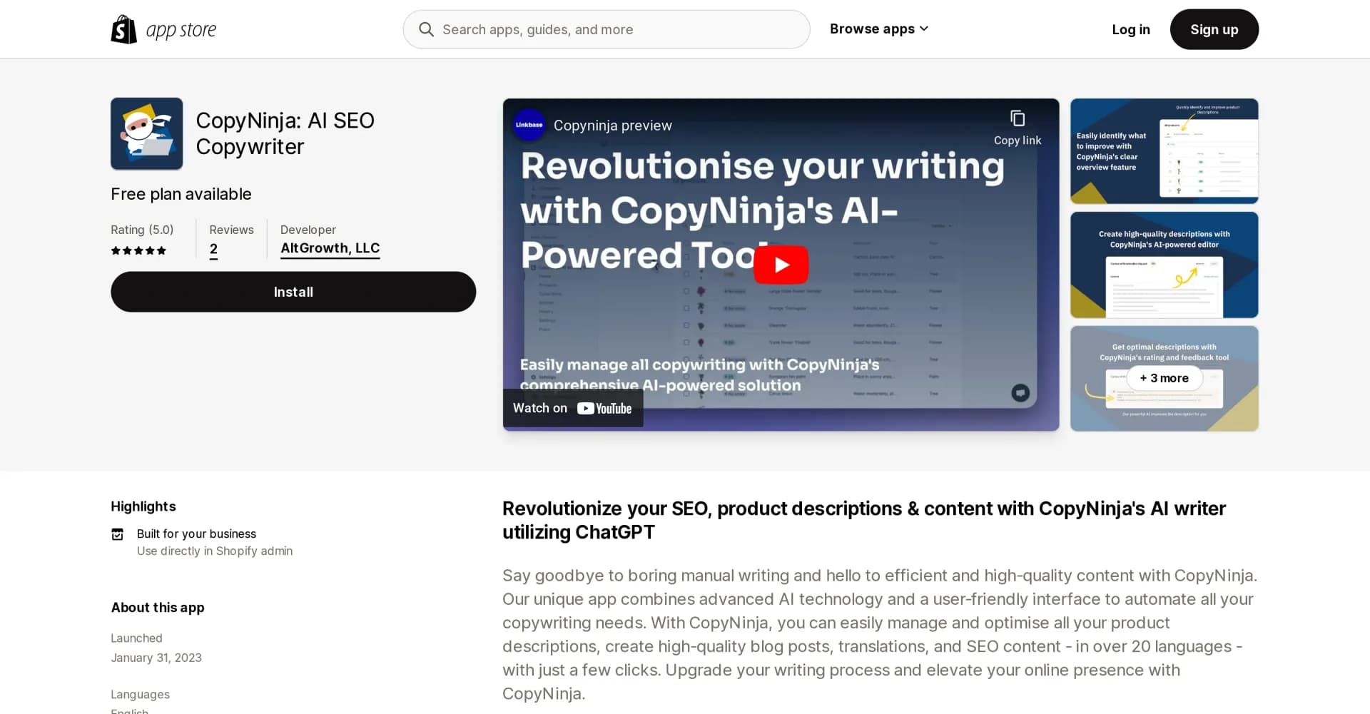 CopyNinja homepage screenshot — AI-powered copywriting for better SEO and conversions