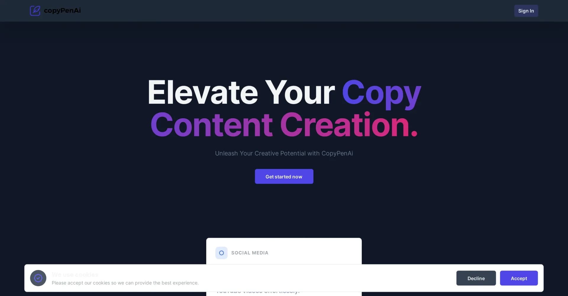 CopyPenAi homepage screenshot — Elevate your copy with AI-powered brand voice content.