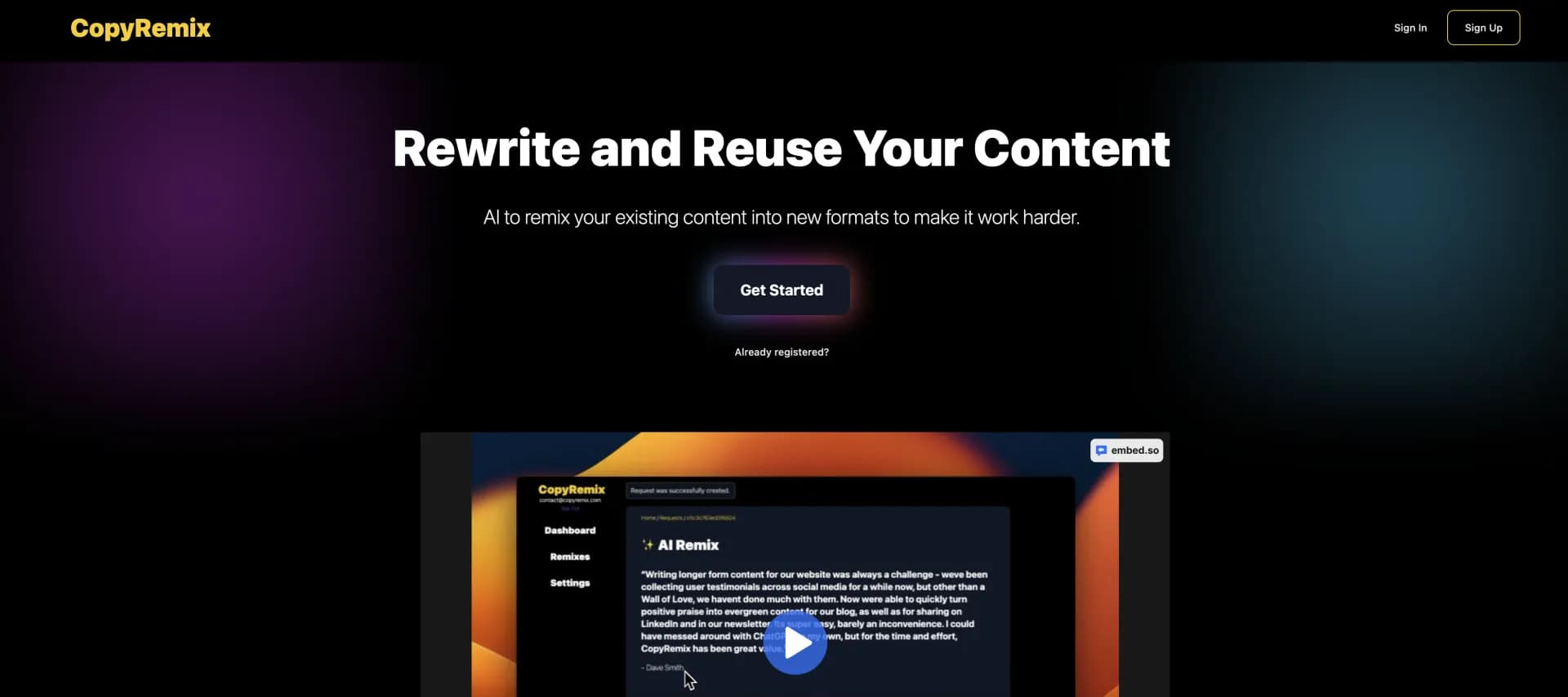 CopyRemix homepage screenshot — Turn testimonials into case studies with AI
