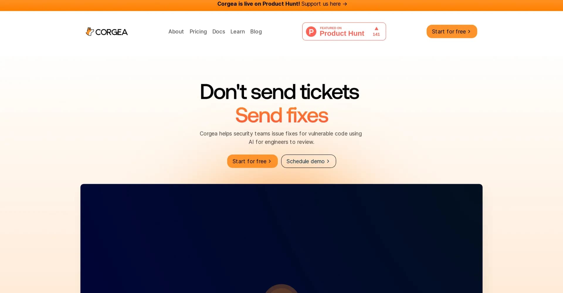 Corgea homepage screenshot — AI-powered fixes for vulnerable code