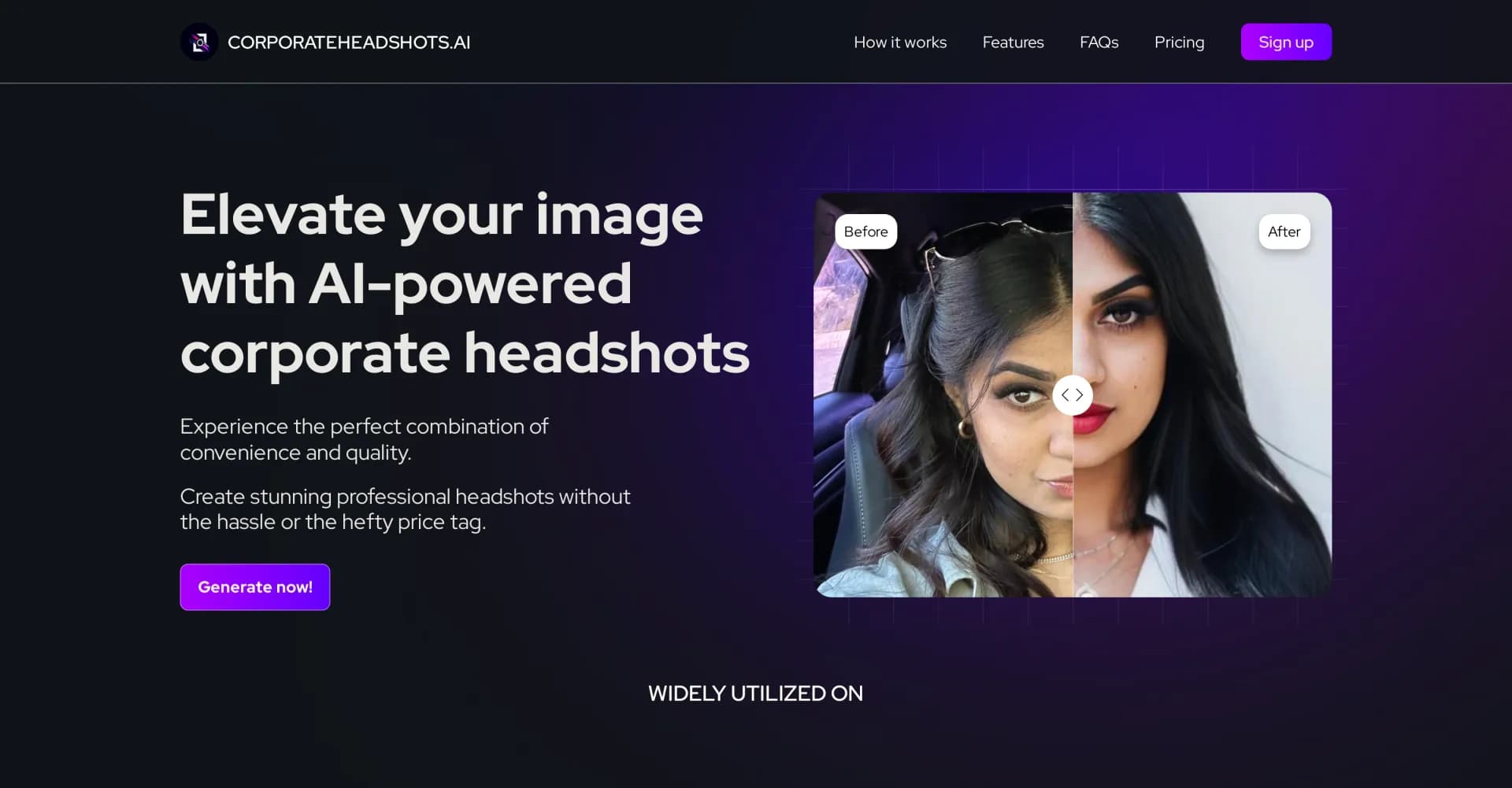 CorporateHeadshots homepage screenshot — Transform selfies into professional headshots with AI.