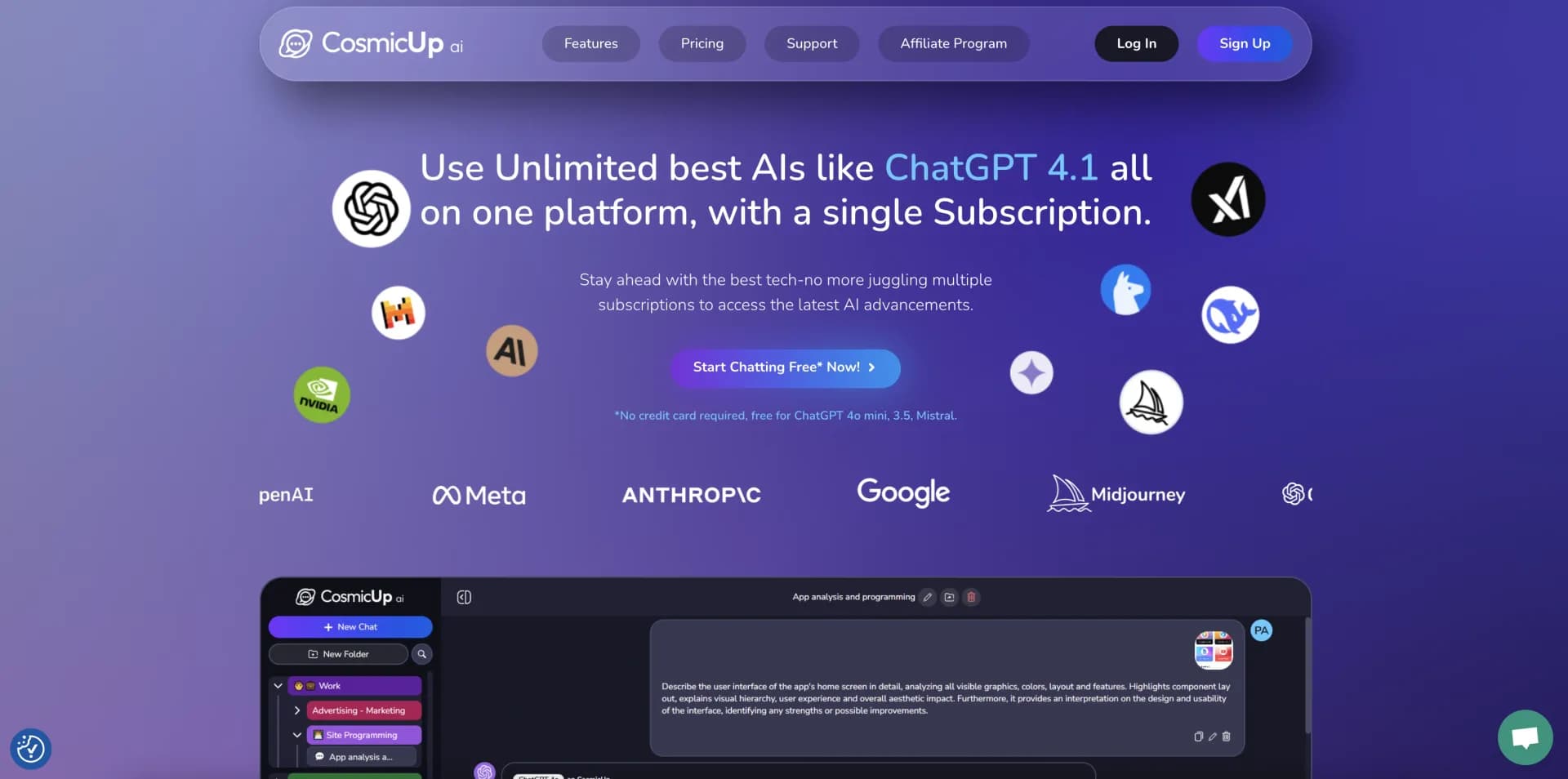CosmicUp homepage screenshot — One subscription for over 30 AI models - unlimited requests