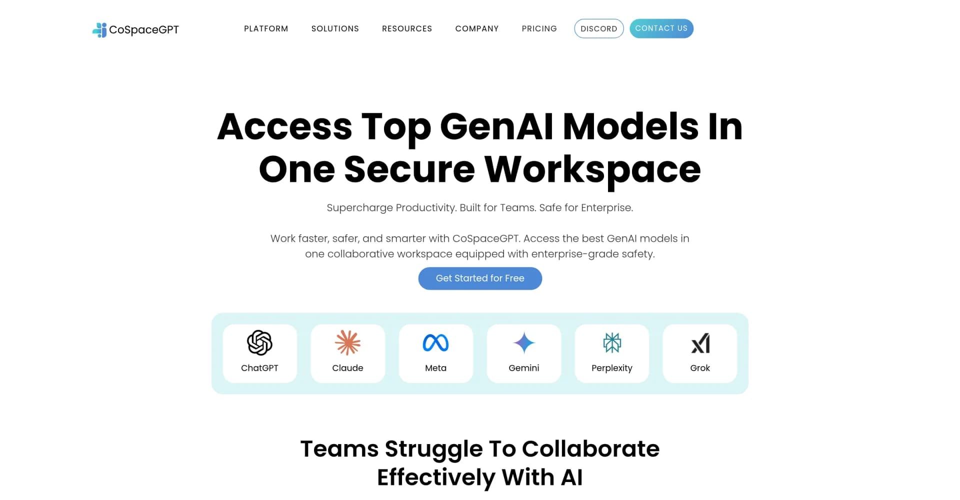 CoSpaceGPT homepage screenshot — Access top GenAI models in one secure workspace.