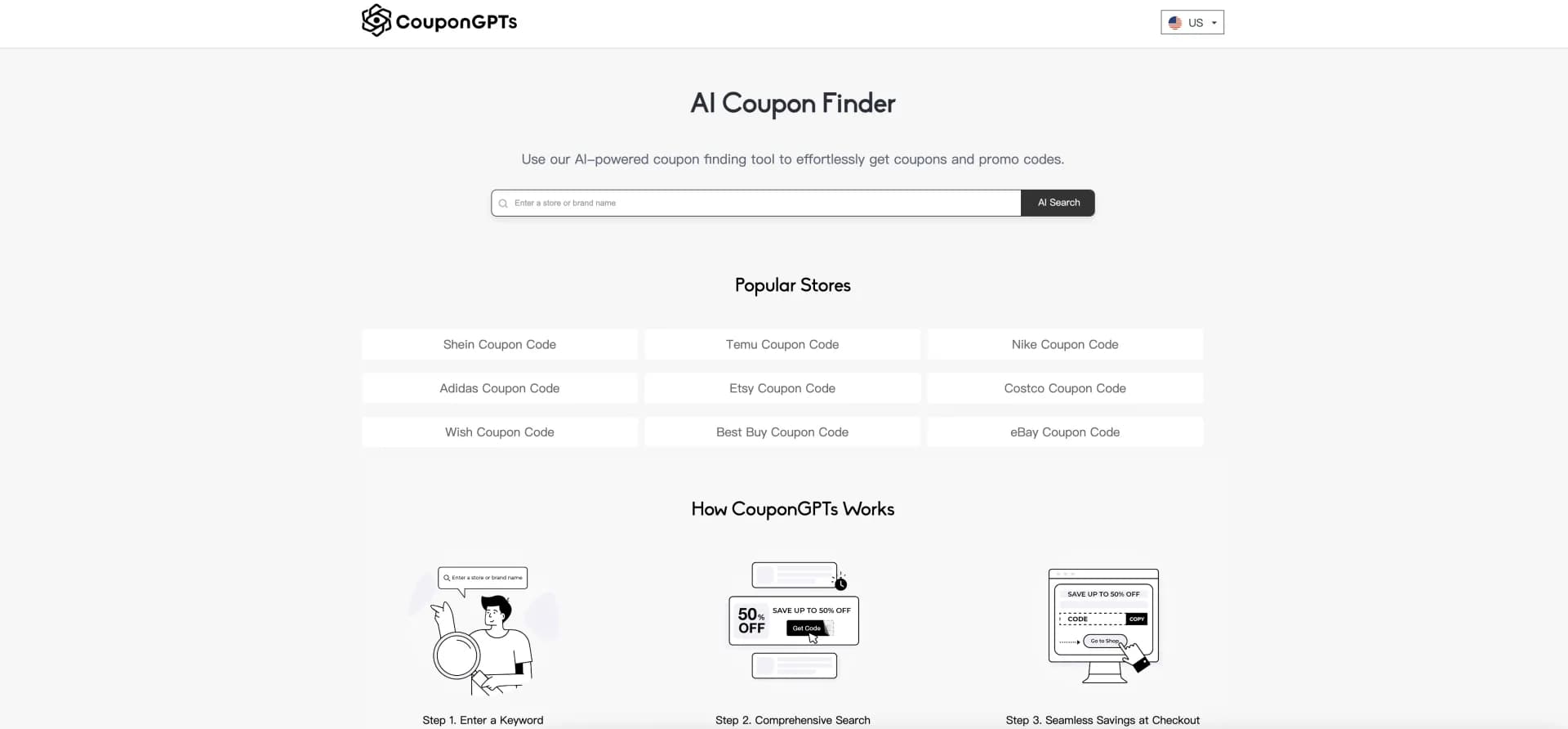 CouponGPTs homepage screenshot — AI-powered coupon finder for effortless savings