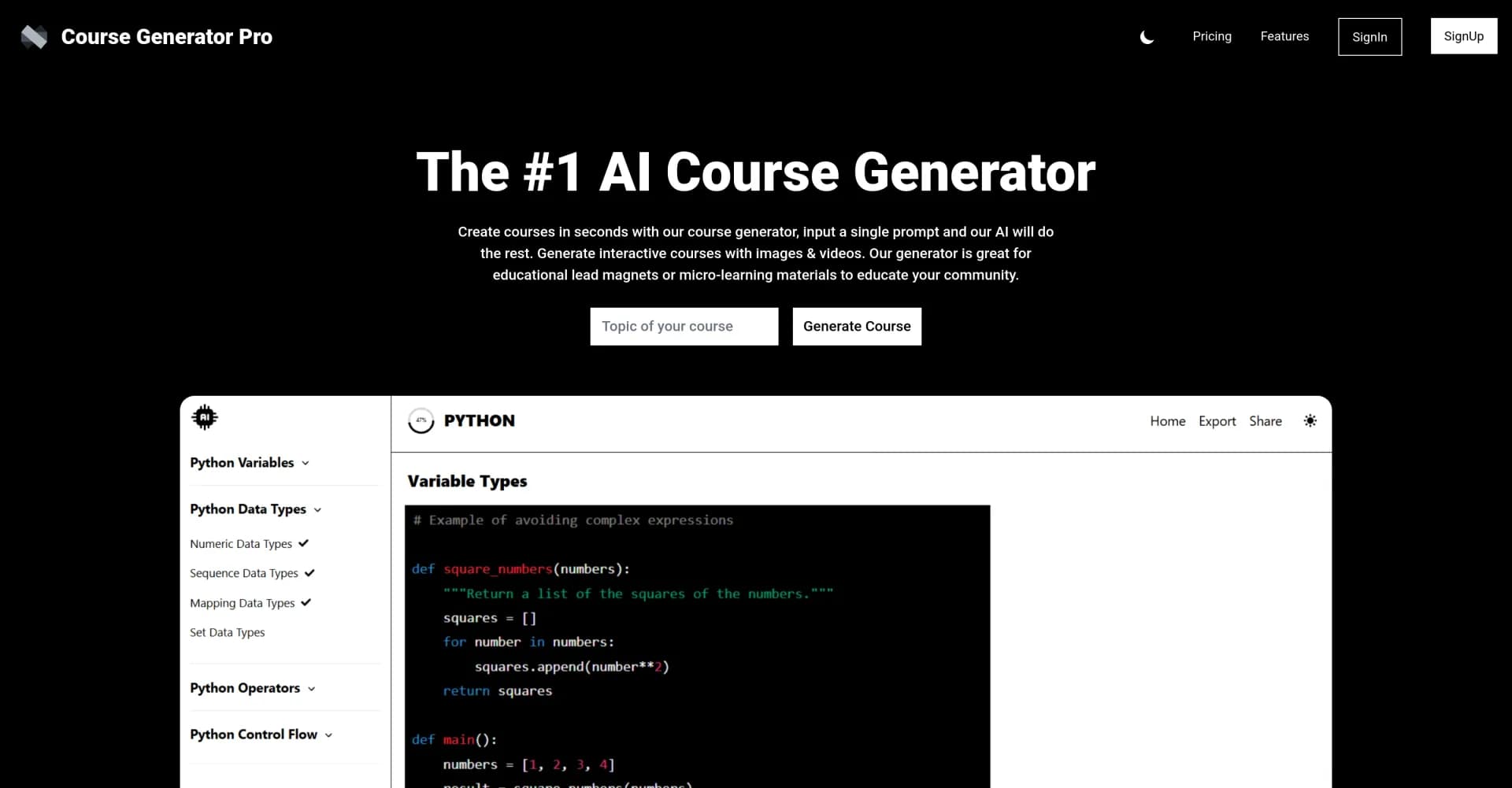 Course Generator Pro homepage screenshot — Create AI-powered micro-learning courses in seconds.