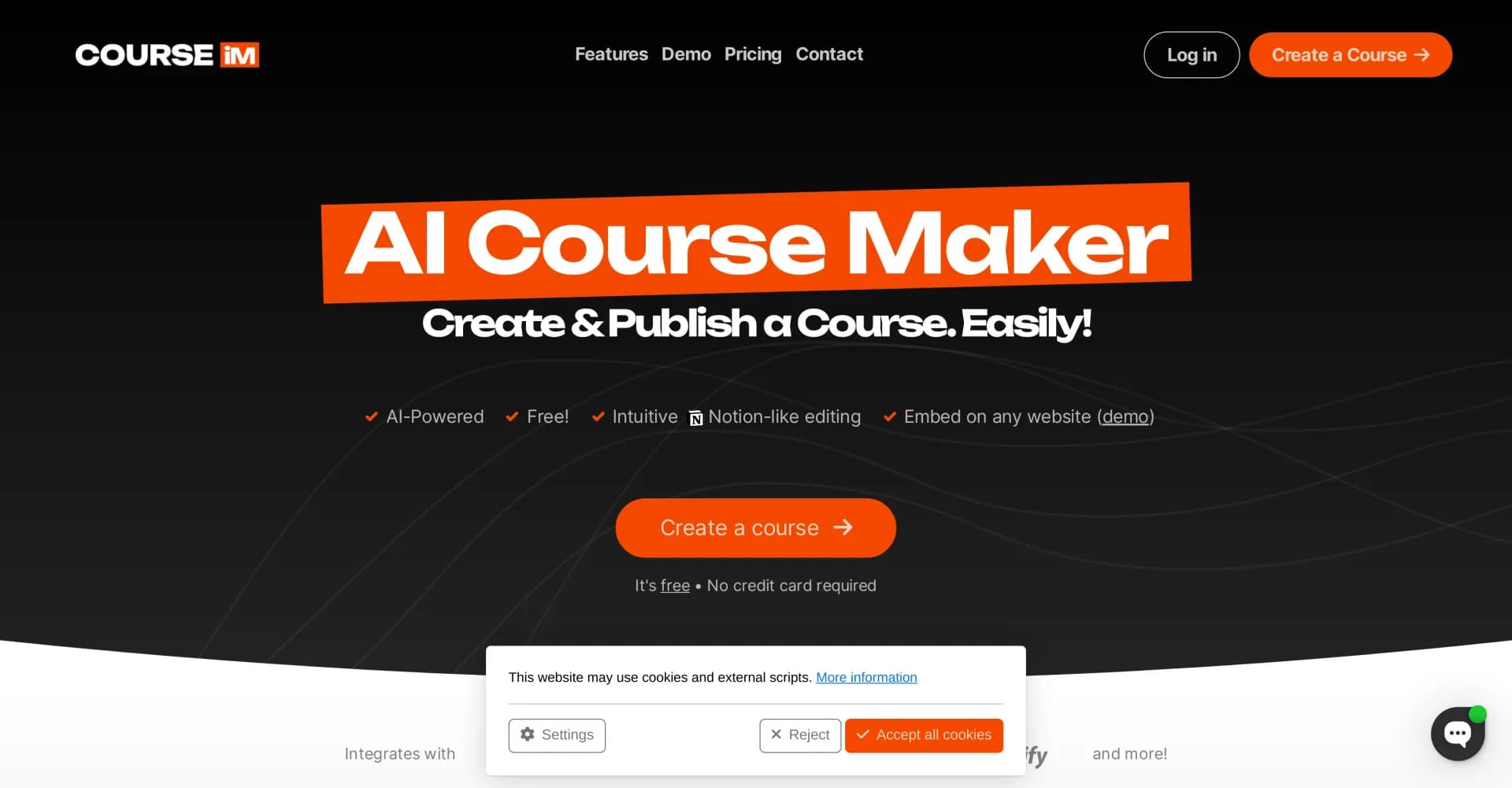 Course.im homepage screenshot — Create & publish AI-powered courses effortlessly