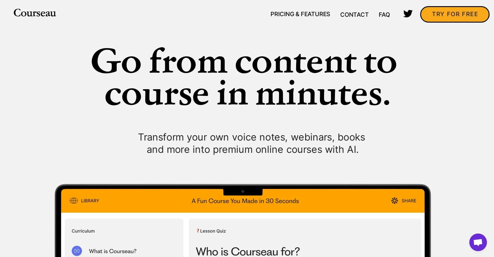 Courseau homepage screenshot — Transform content into interactive online courses with AI.