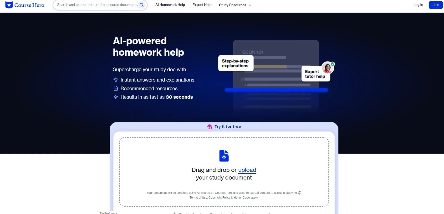 CourseHero homepage screenshot — Supercharge your study doc with instant AI answers