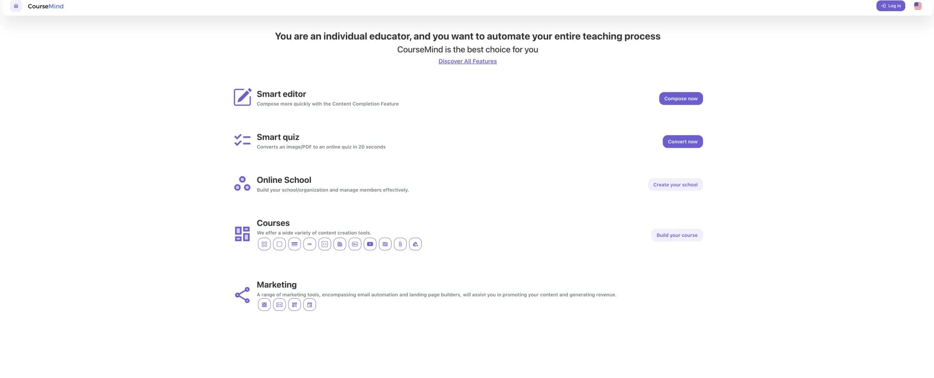 CourseMind homepage screenshot — AI-powered course creation and school management platform