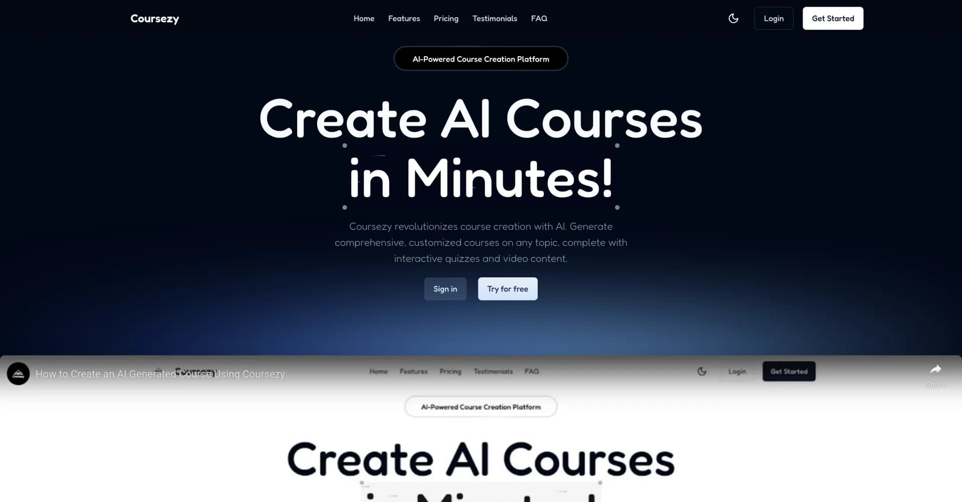 Coursezy homepage screenshot — Generate Courses Using AI In Seconds!