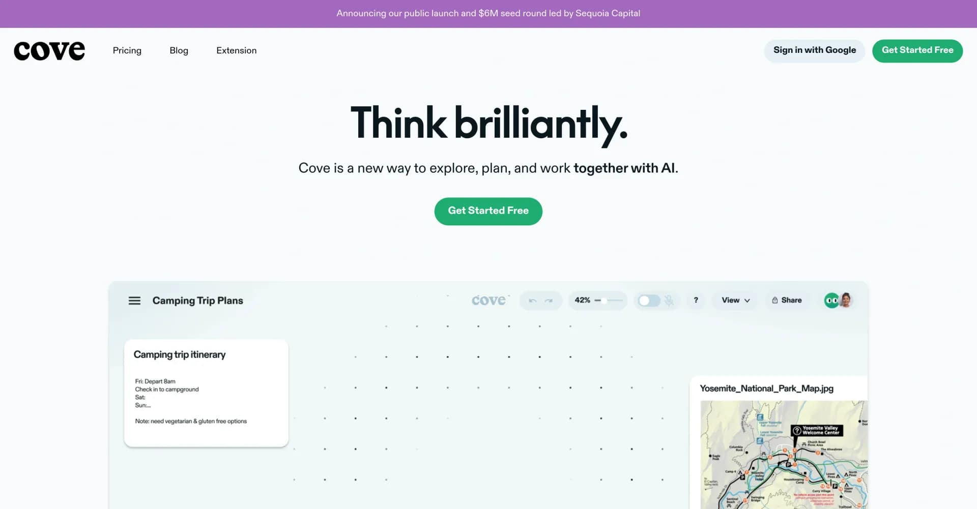 Cove homepage screenshot — Visual AI workspace for organized thinking