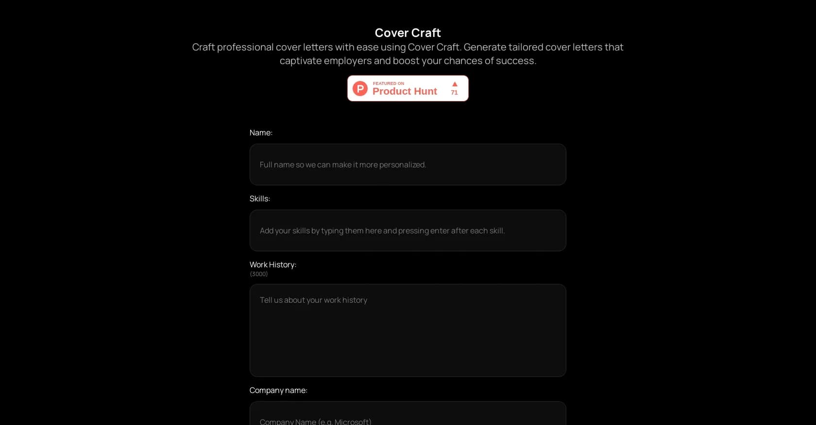 Cover craft homepage screenshot — Craft captivating cover letters in minutes.