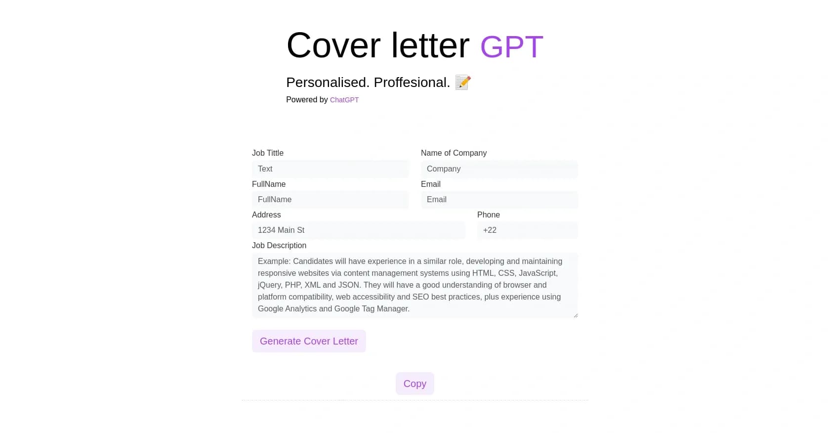 Coverletter-gpt homepage screenshot — Effortlessly craft tailored, professional cover letters.