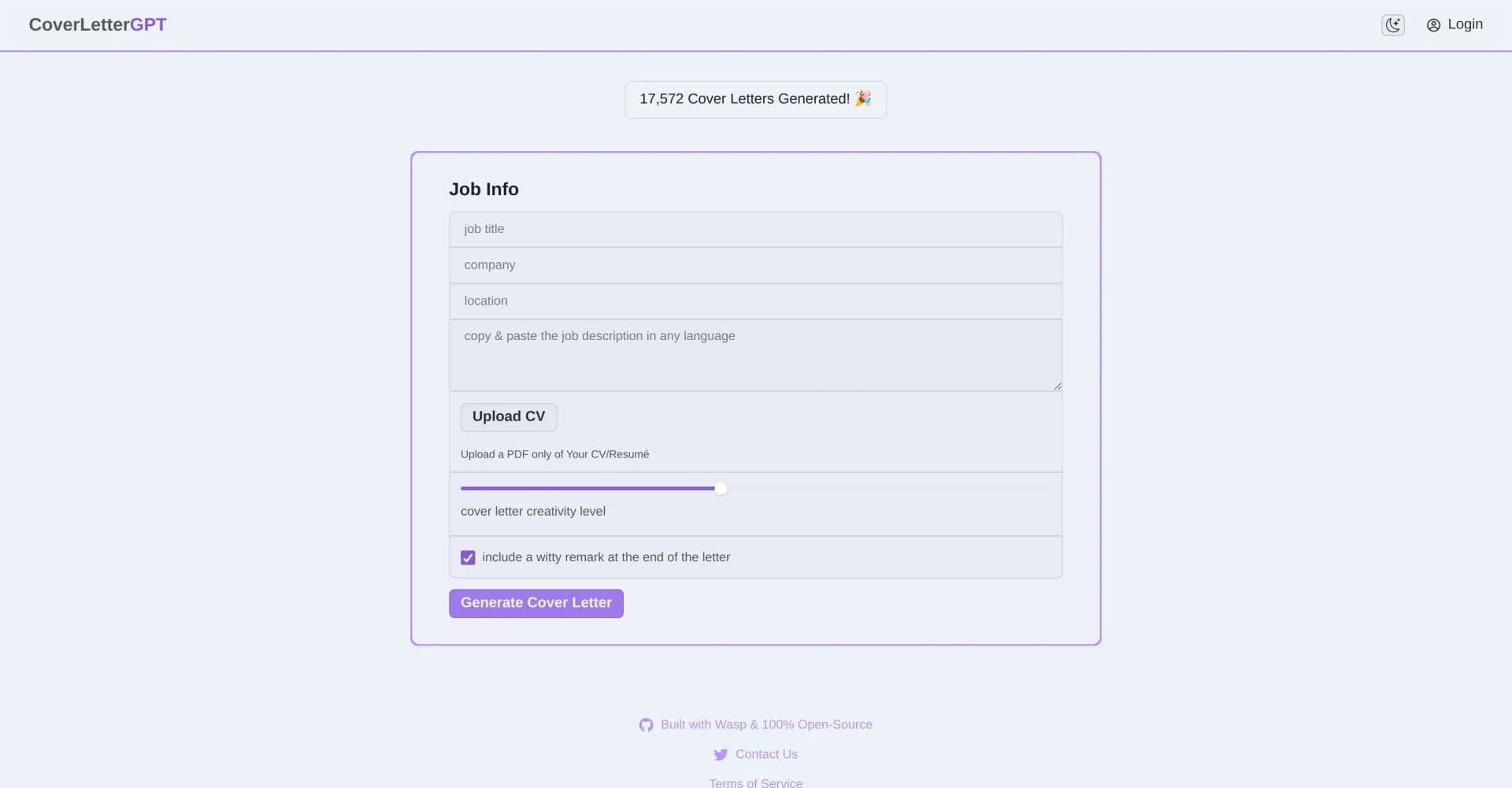 CoverLetterGPT homepage screenshot — Create unique cover letters with AI.