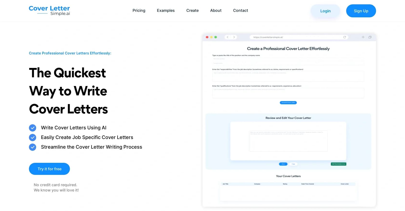 CoverLetterSimple homepage screenshot — Create persuasive, job-specific cover letters with AI