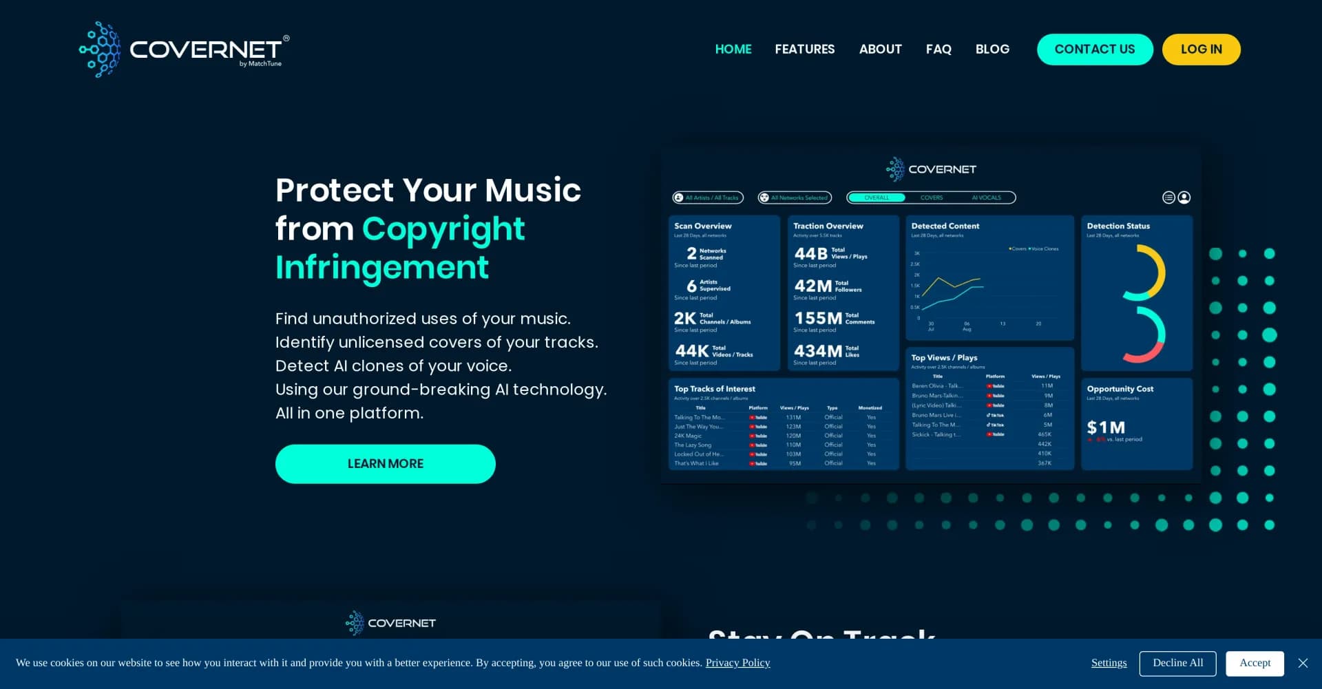 CoverNet homepage screenshot — Protect your music from copyright infringement with AI.