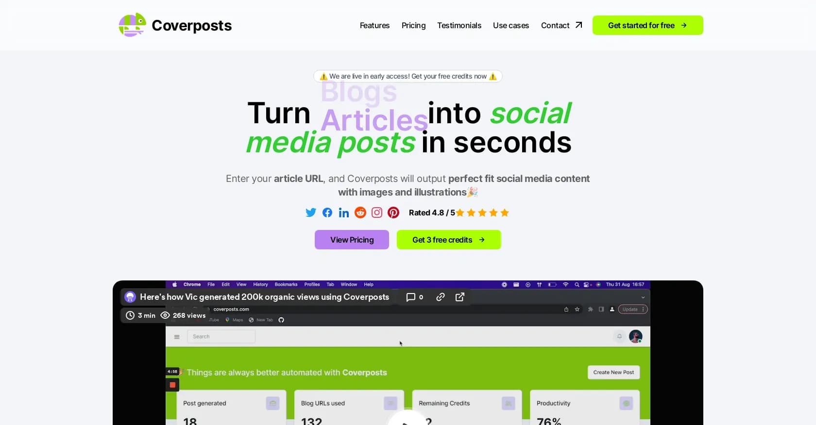 Coverposts homepage screenshot — Turn articles into social media posts instantly