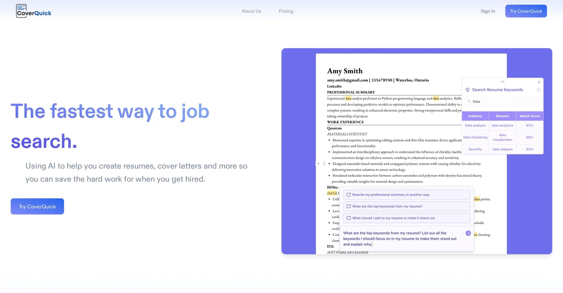 Coverquick homepage screenshot — AI-powered job application assistant for winning resumes and
