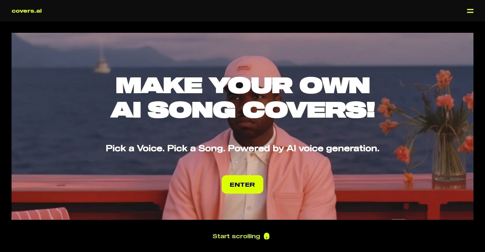 Covers AI homepage screenshot — AI voice cloning for instant song covers
