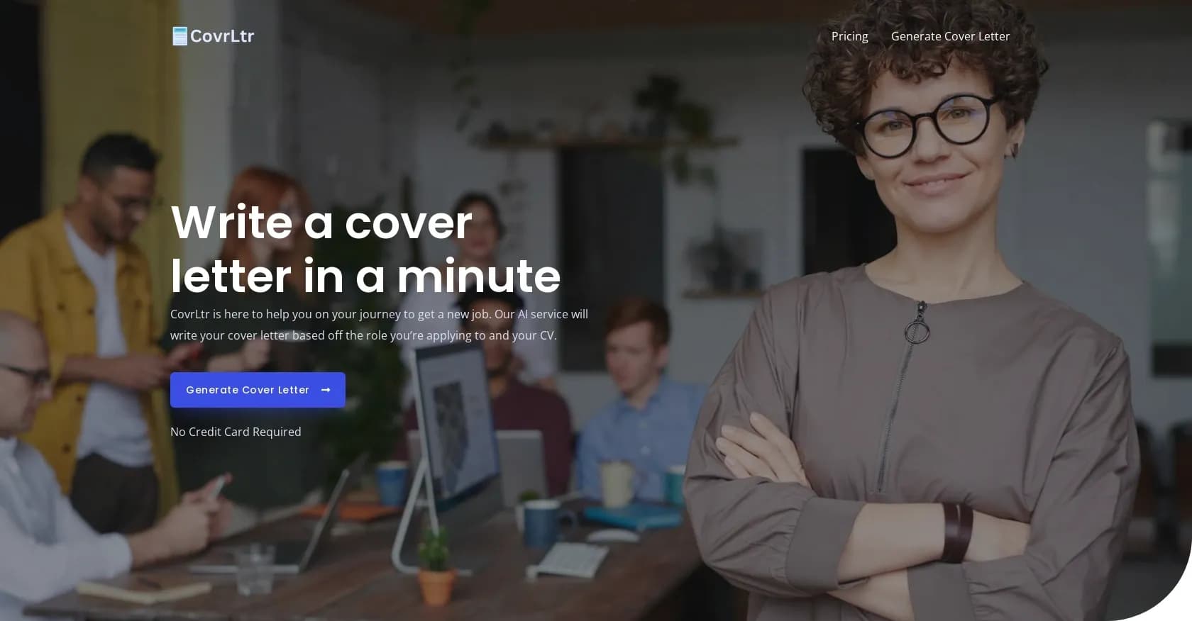 Covrltr homepage screenshot — AI-powered cover letters in minutes