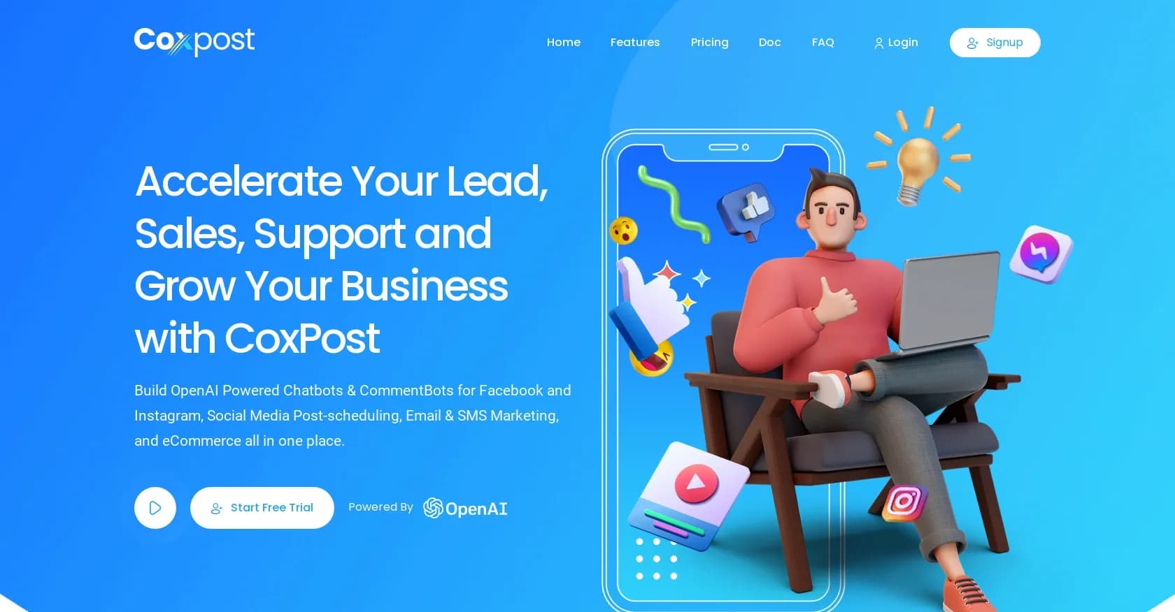 Coxpost homepage screenshot — AI-powered chatbot and social media manager