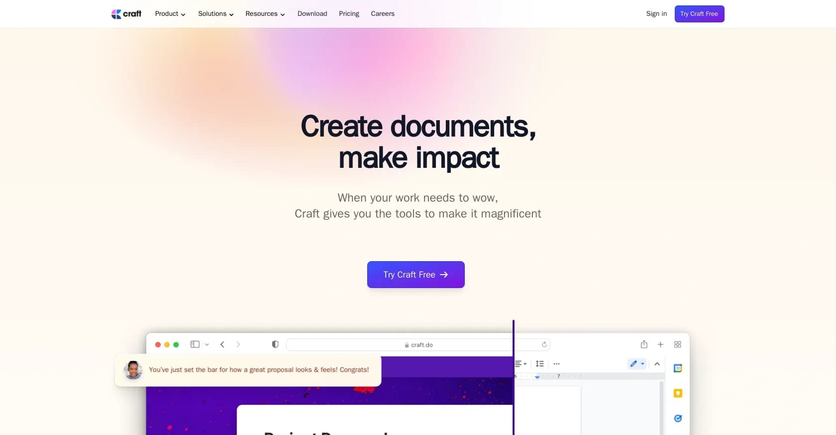 Craft homepage screenshot — Create impactful documents with ease