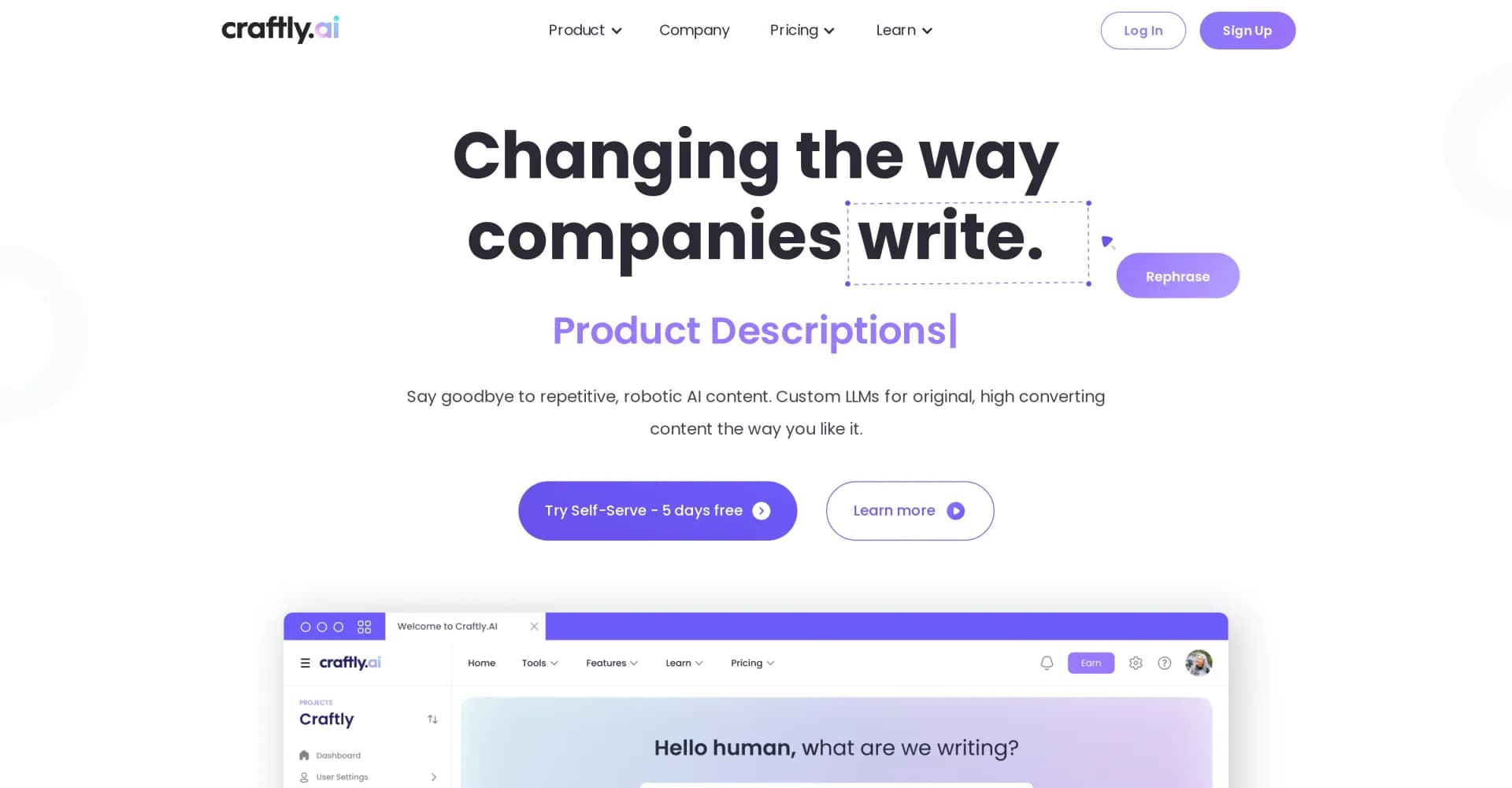 Craftly.AI homepage screenshot — Write 7x faster with AI-powered copywriting