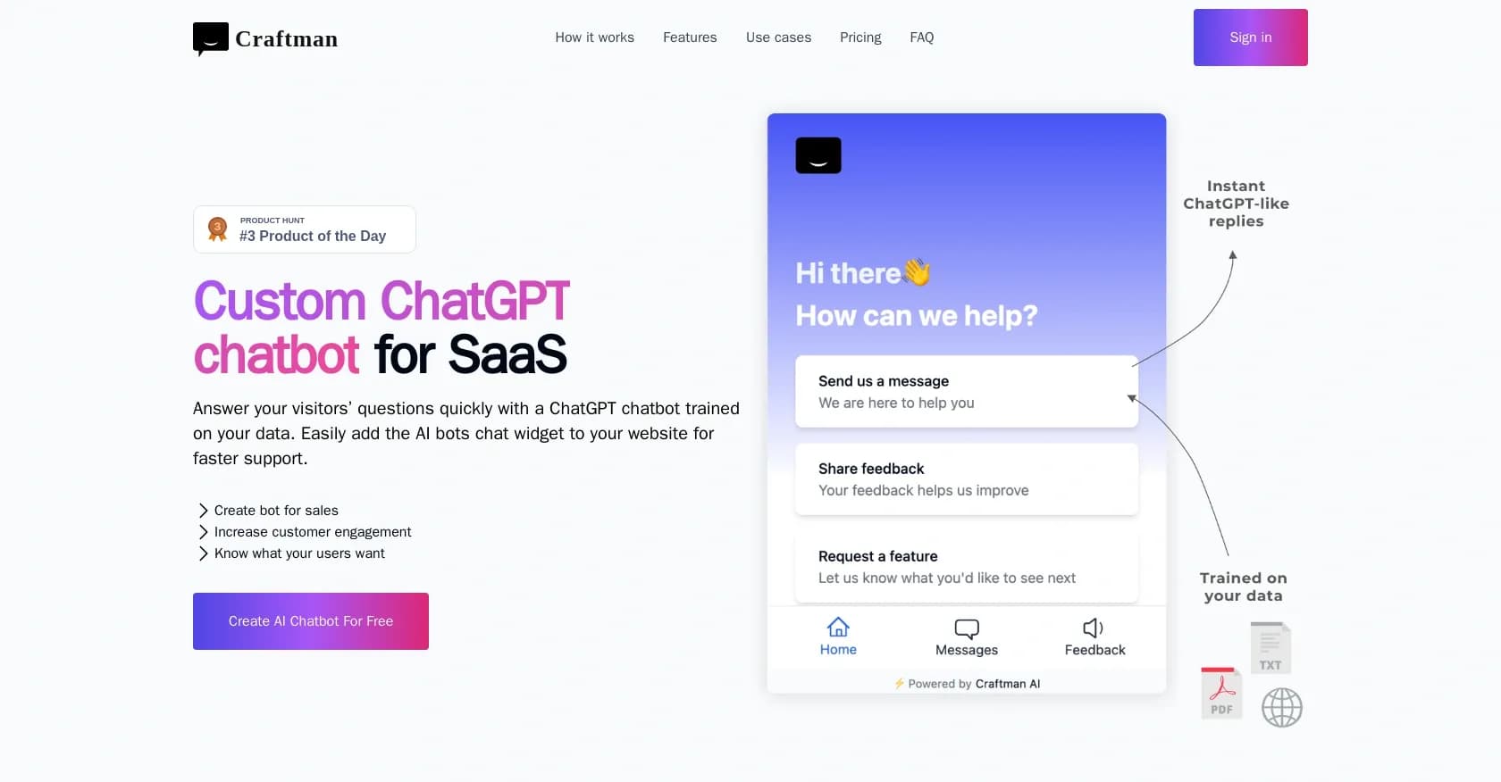 Craftman homepage screenshot — Custom ChatGPT chatbot for seamless customer support