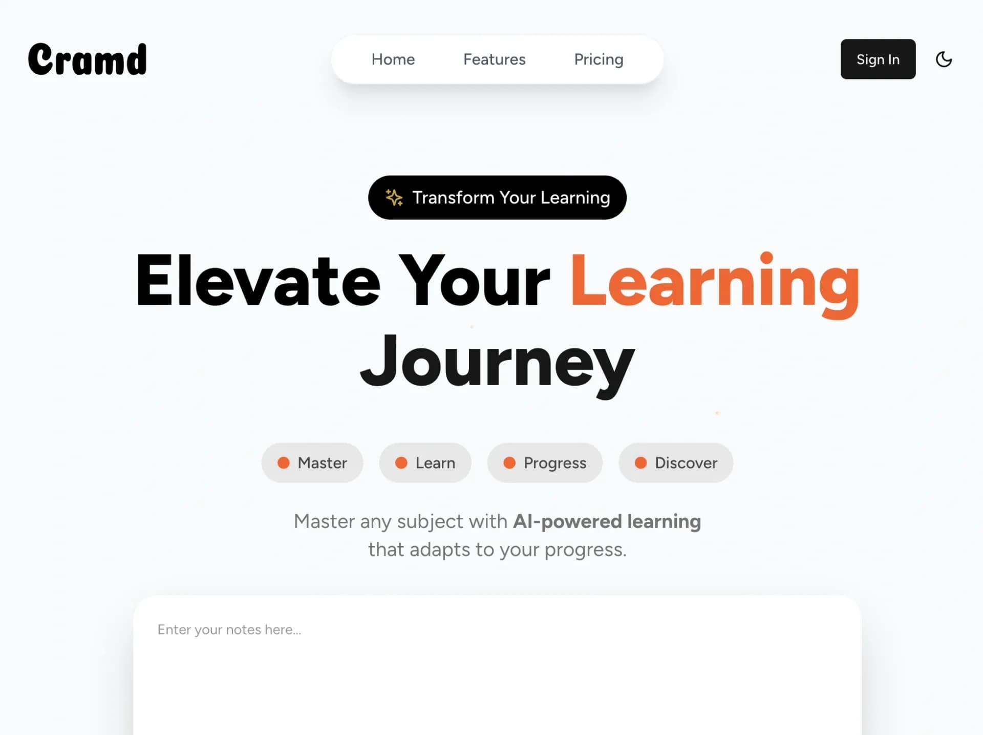 Cramd homepage screenshot — AI-powered study platform that personalizes learning.