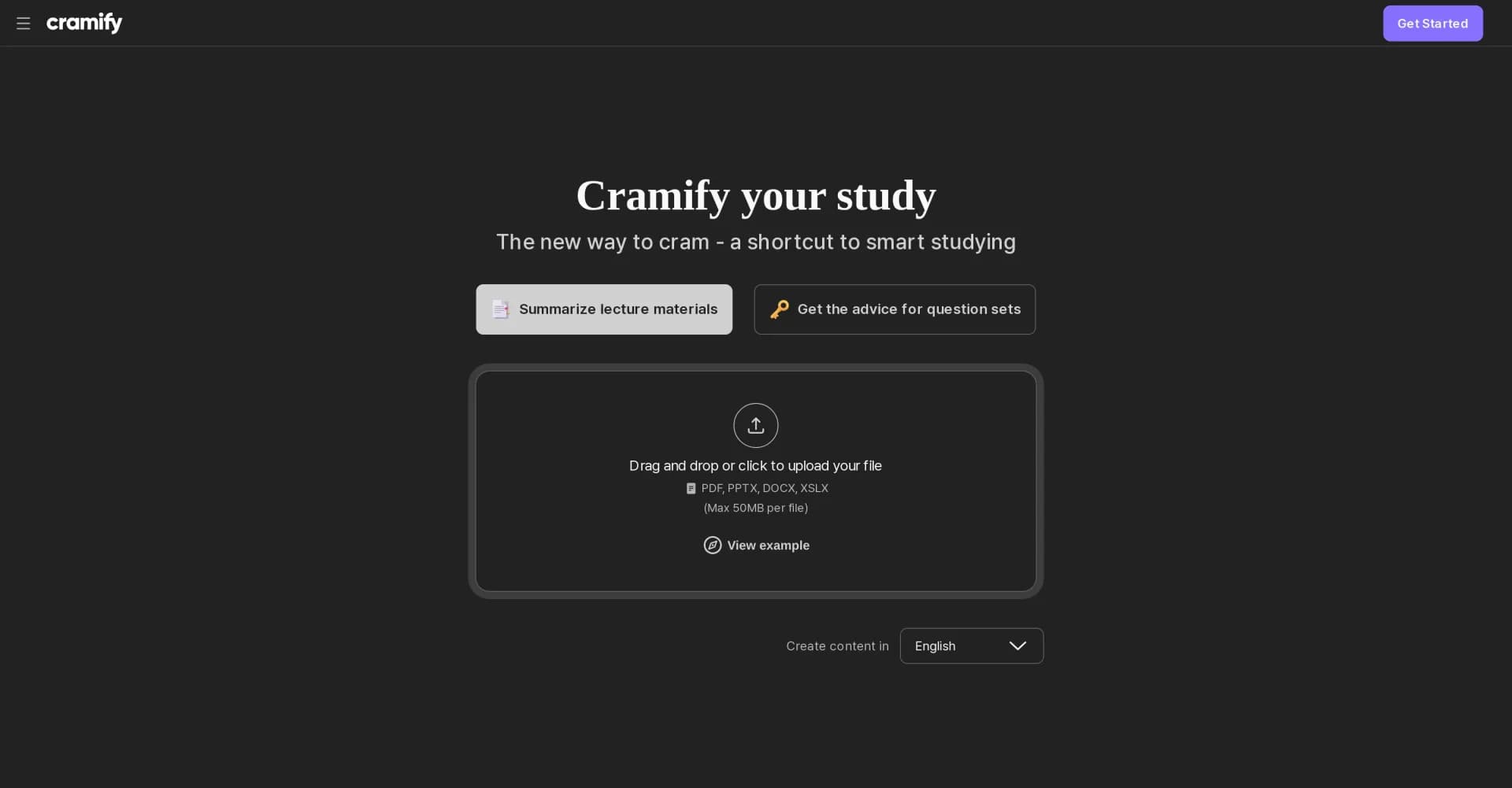 Cramify homepage screenshot — Cram smarter, not harder for college exams.