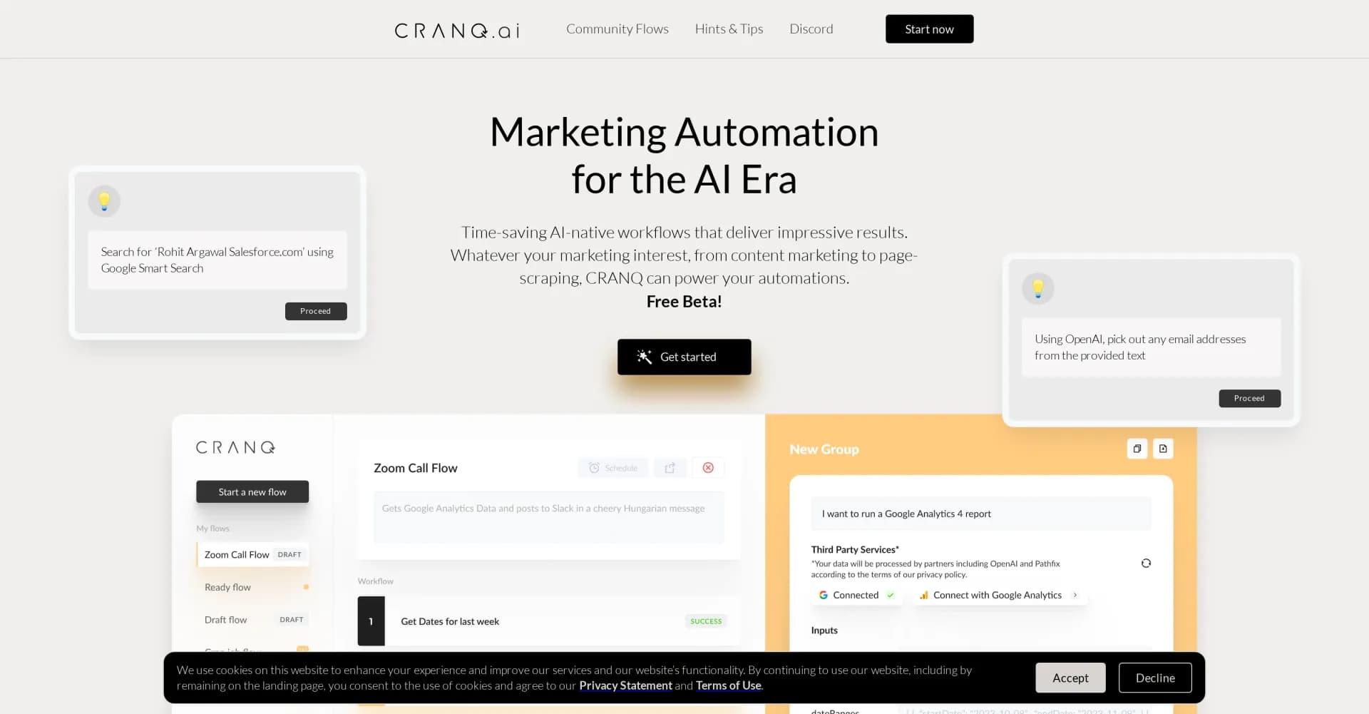 CRANQ homepage screenshot — AI-powered marketing automation for impressive results