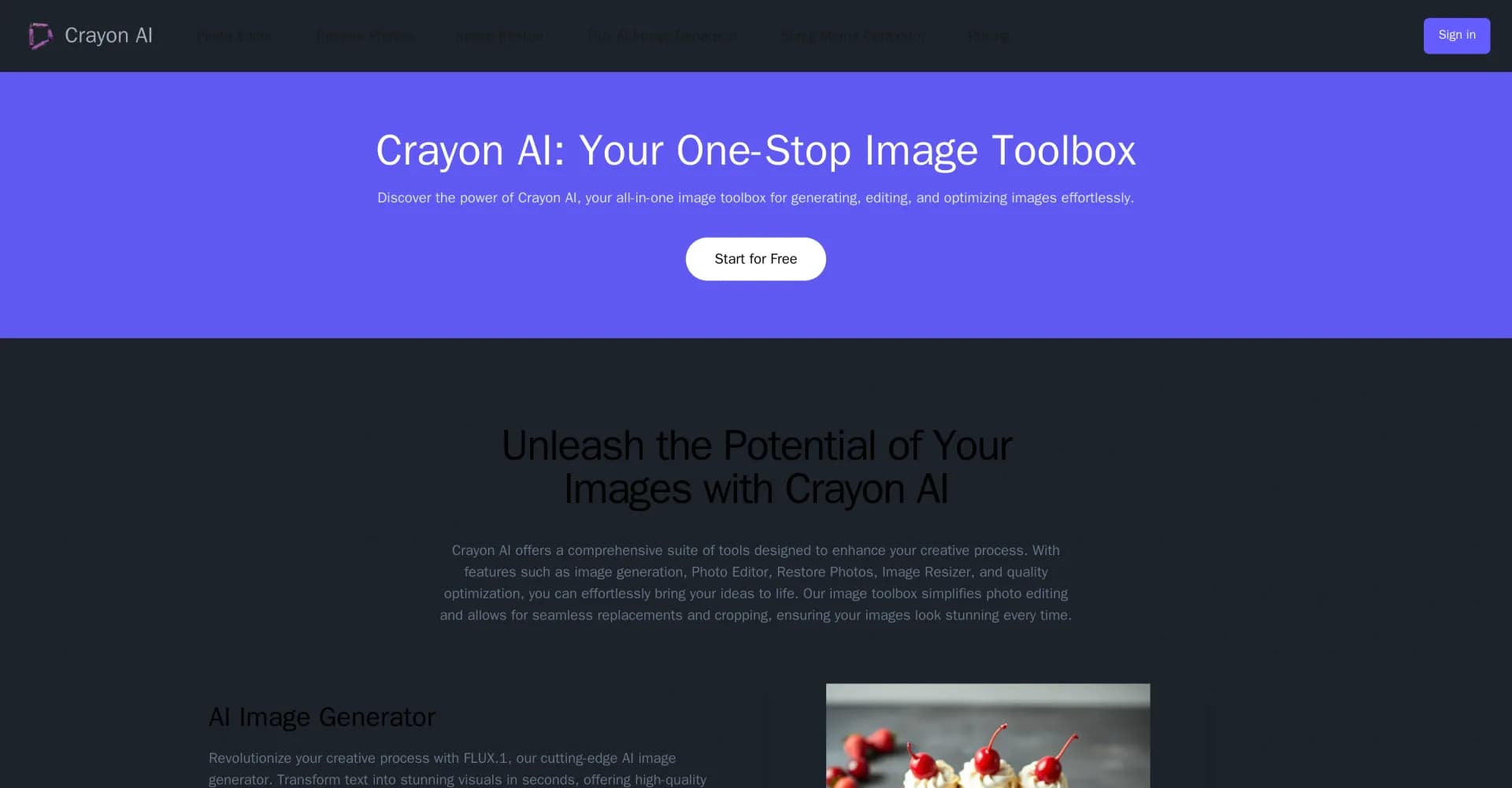 Crayon AI homepage screenshot — AI-powered image toolbox for effortless creation and editing