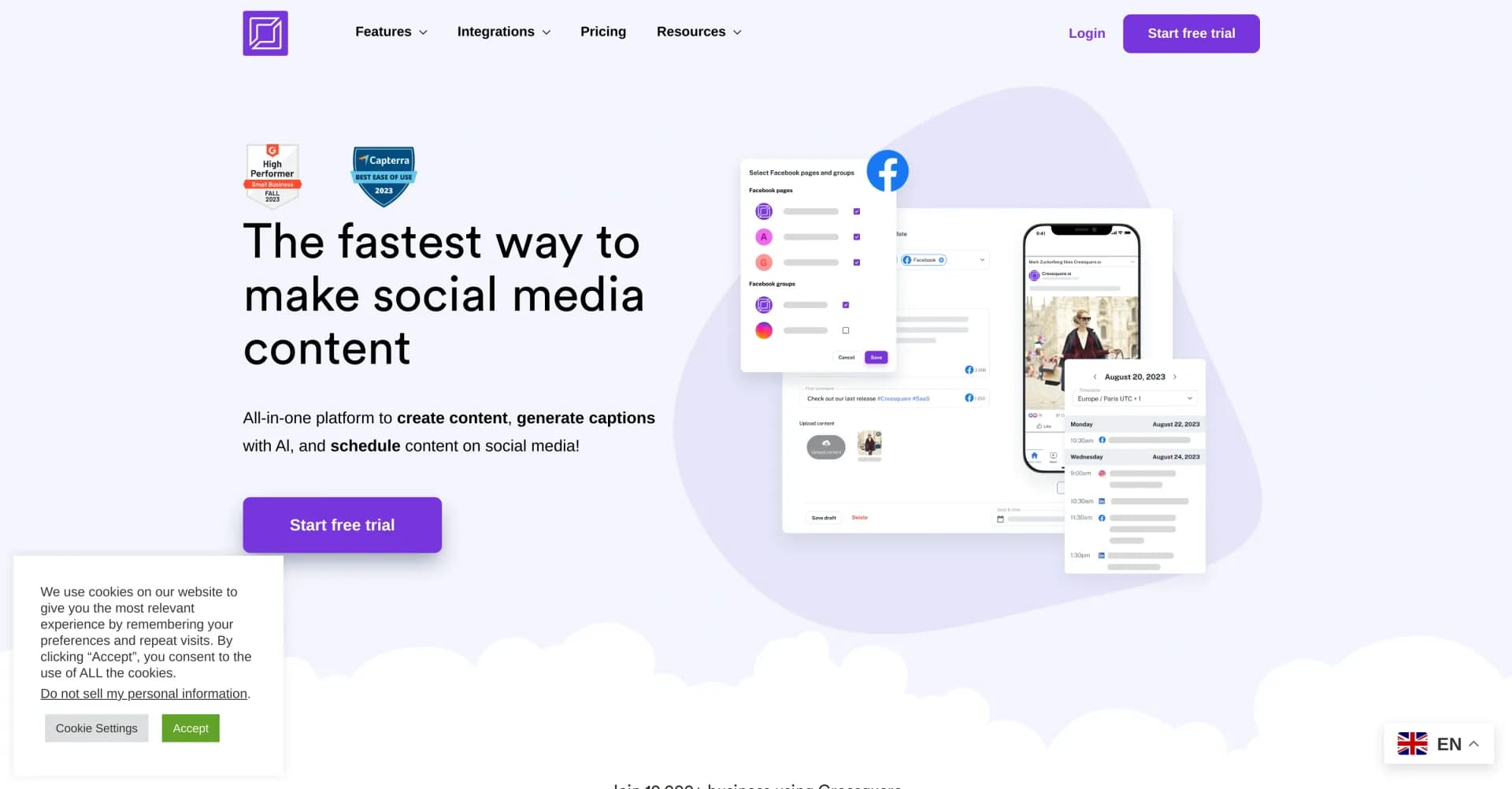 Creasquare homepage screenshot — AI-powered content creation and management in one place.