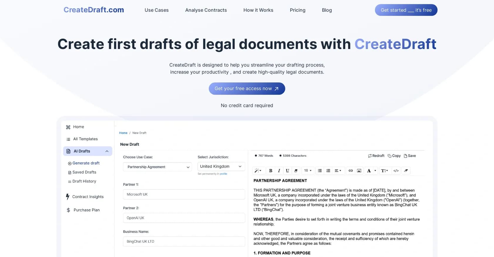 CreateDraft homepage screenshot — Improve legal document drafting and boost productivity.