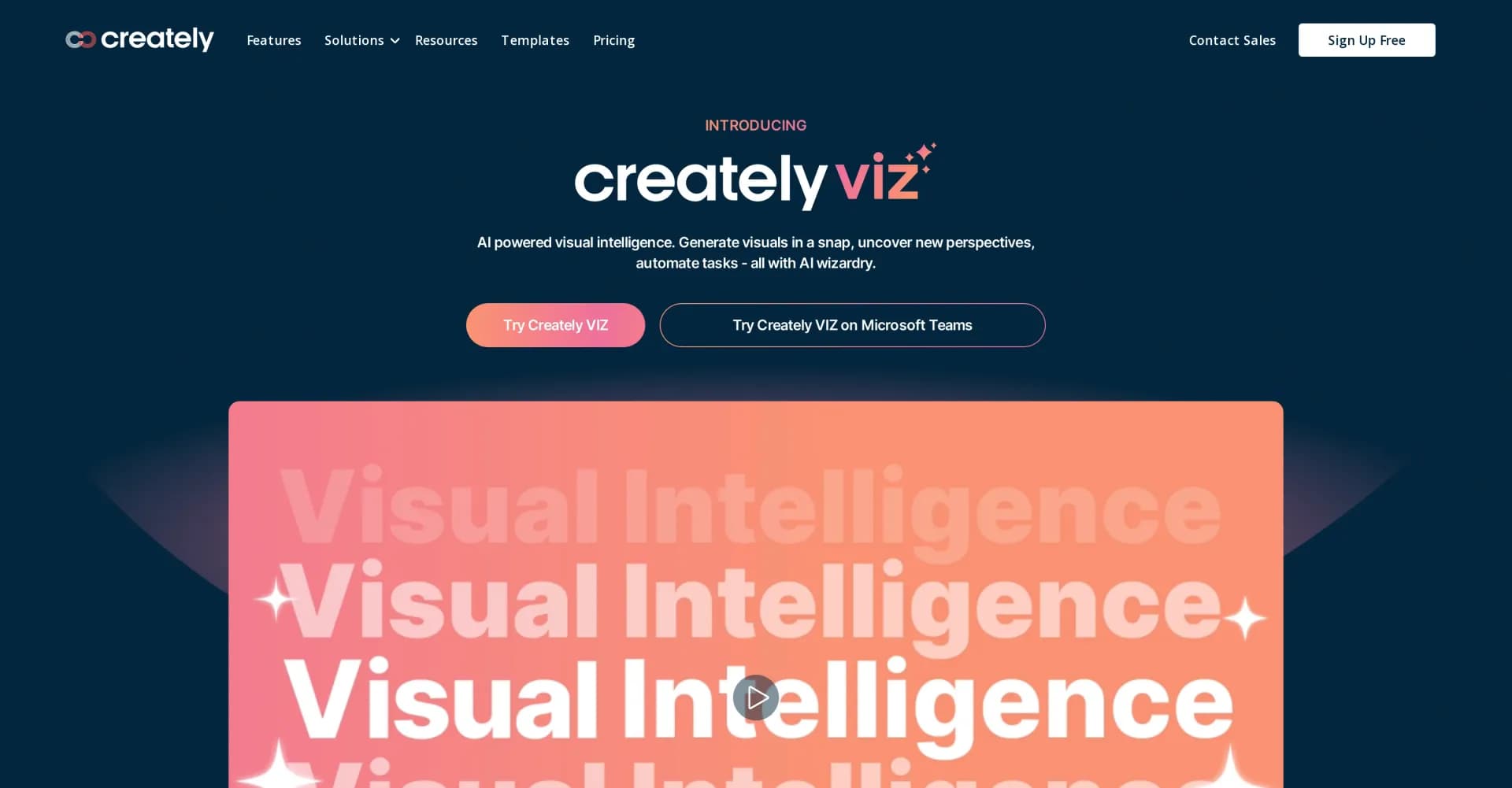 Creately VIZ homepage screenshot — AI-powered visual intelligence for instant insights