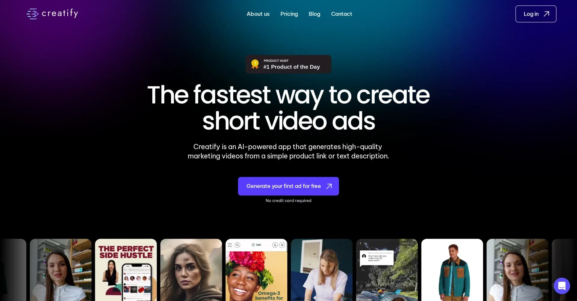 Creatify homepage screenshot — Create video ads instantly with AI.