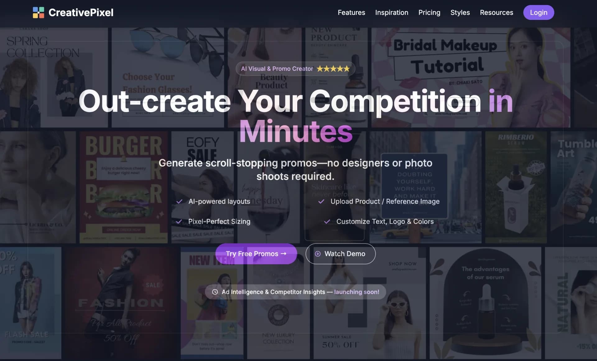 CreativePixel homepage screenshot — Out-create Your Competition in Minutes