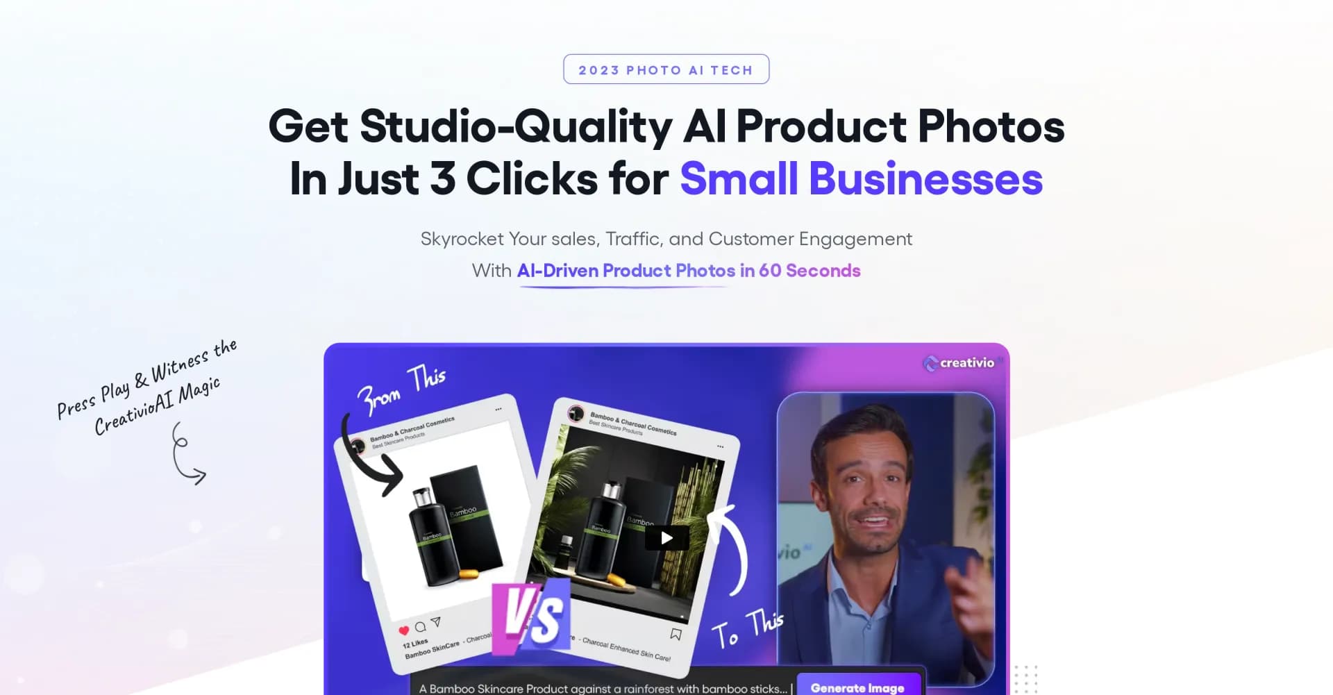 Creativio homepage screenshot — Generate studio-quality product photos in seconds with AI