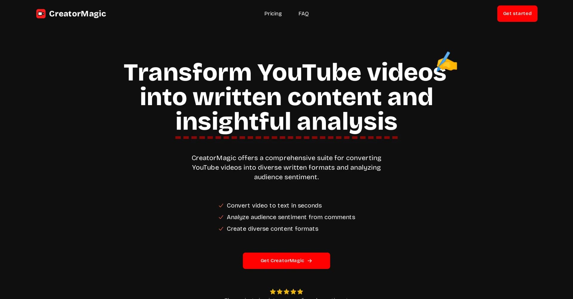 CreatorMagic homepage screenshot — Transform YouTube videos into written content and insights.