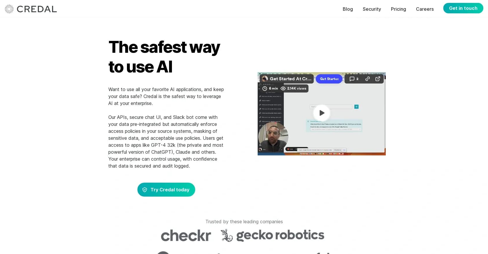 Credal homepage screenshot — Securely harness AI without compromising your data.