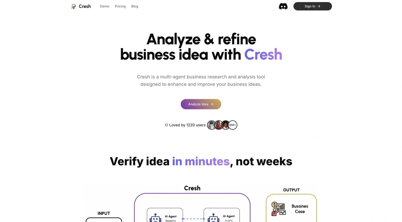 Creshv3.0 homepage screenshot — Analyze and refine business ideas with advanced AI.