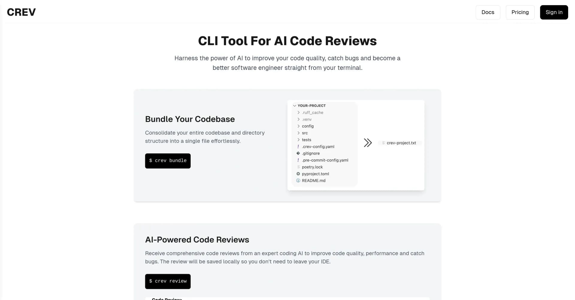 CrevCLI homepage screenshot — AI code reviews from your CLI to boost quality and catch bug