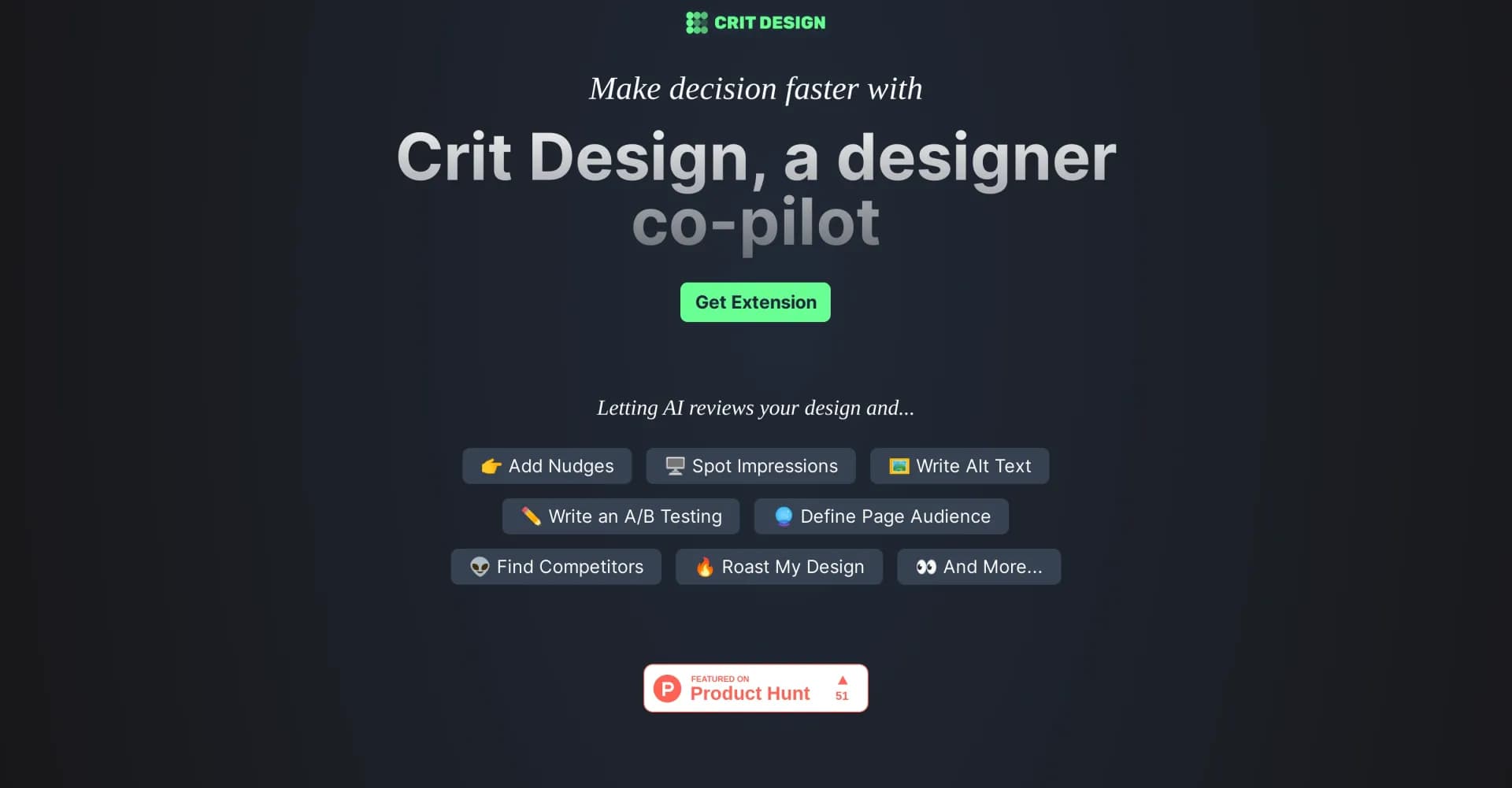 Crit Design homepage screenshot — AI co-pilot for faster design decisions