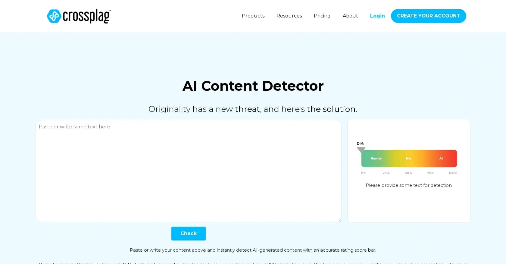 Crossplag homepage screenshot — Detect AI-generated text with advanced algorithms