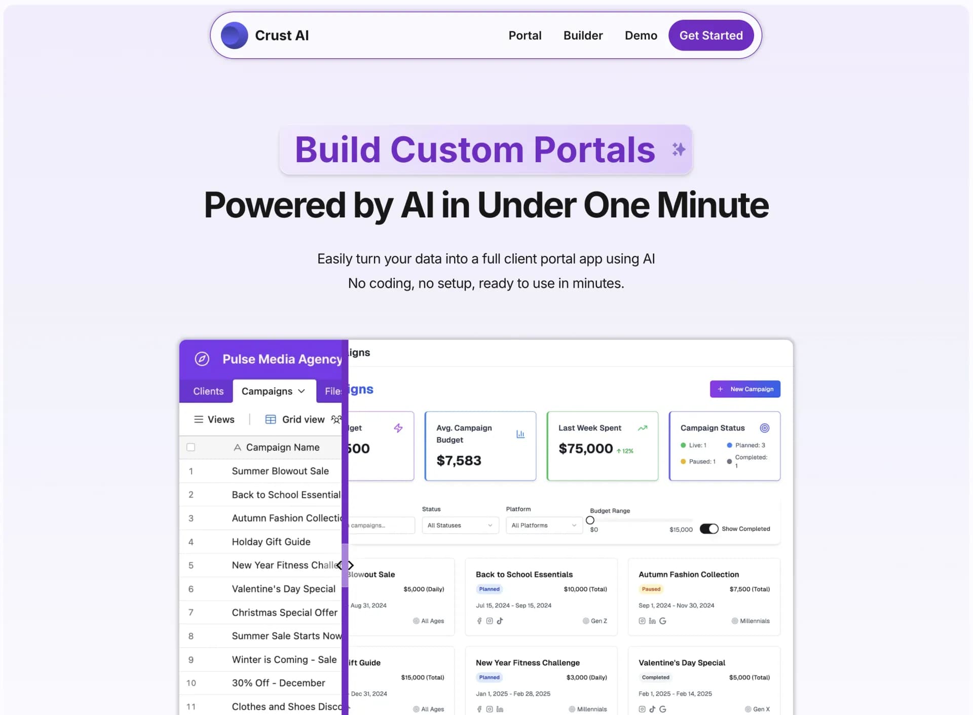 Crust AI homepage screenshot — Create custom business software with AI, no coding required.