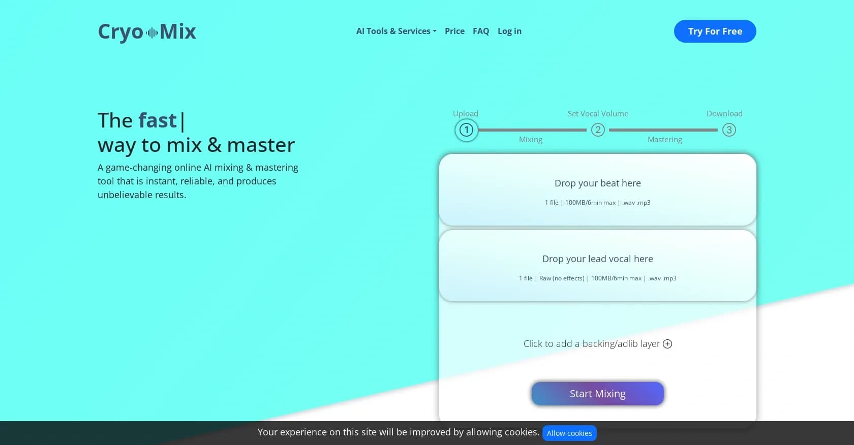 Cryo-Mix homepage screenshot — Instant AI vocal mixing and mastering.