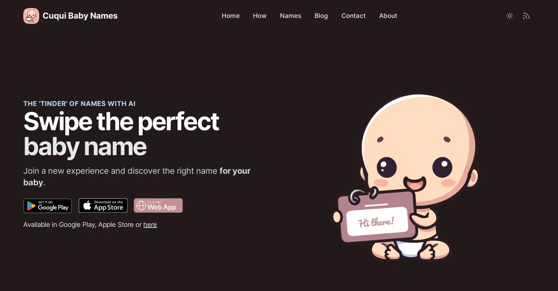 Cuqui Baby Names homepage screenshot — AI-powered 'Tinder' for baby names