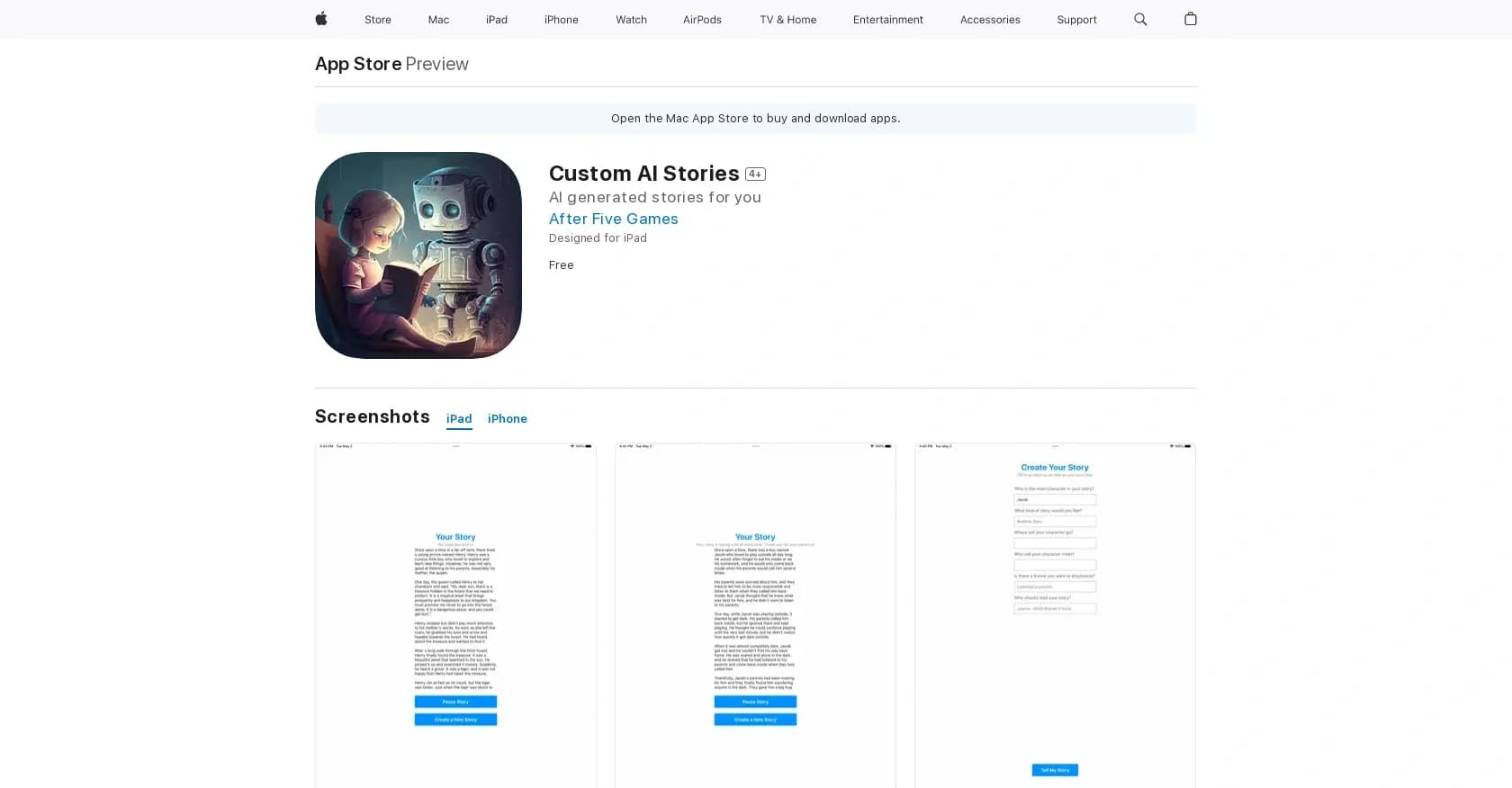Custom AI Stories homepage screenshot — Personalized storytelling for Apple devices.