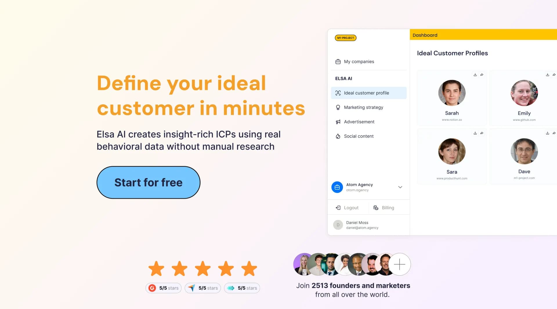 Customer Research (Elsa AI) homepage screenshot — AI-powered ICP generator for data-driven customer insights
