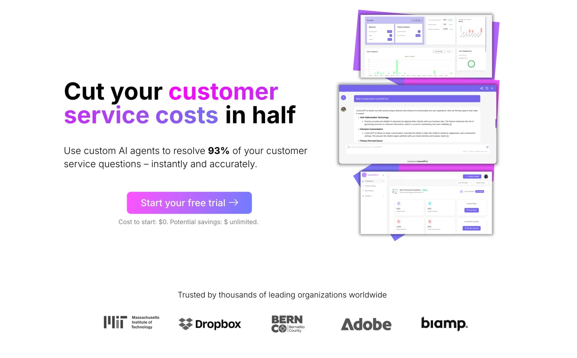 CustomGPT.ai homepage screenshot — Cut your Customer Service Costs in Half with CustomGPT.ai